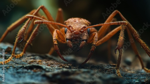 Close-up of a large, reddish-brown ant with long legs, facing the camera, on a dark textured surface. photo