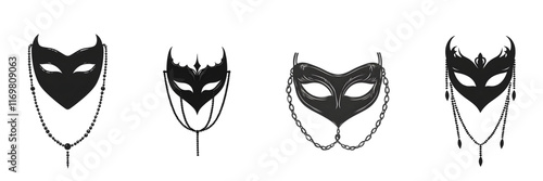 Four elegant black masks with intricate designs on a white background. photo