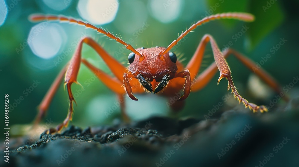 Close-up of a vibrant red ant on dark ground, facing the camera in a lush green forest. Close-up of a vibrant red ant on dark ground, facing the camera in a lush green forest.