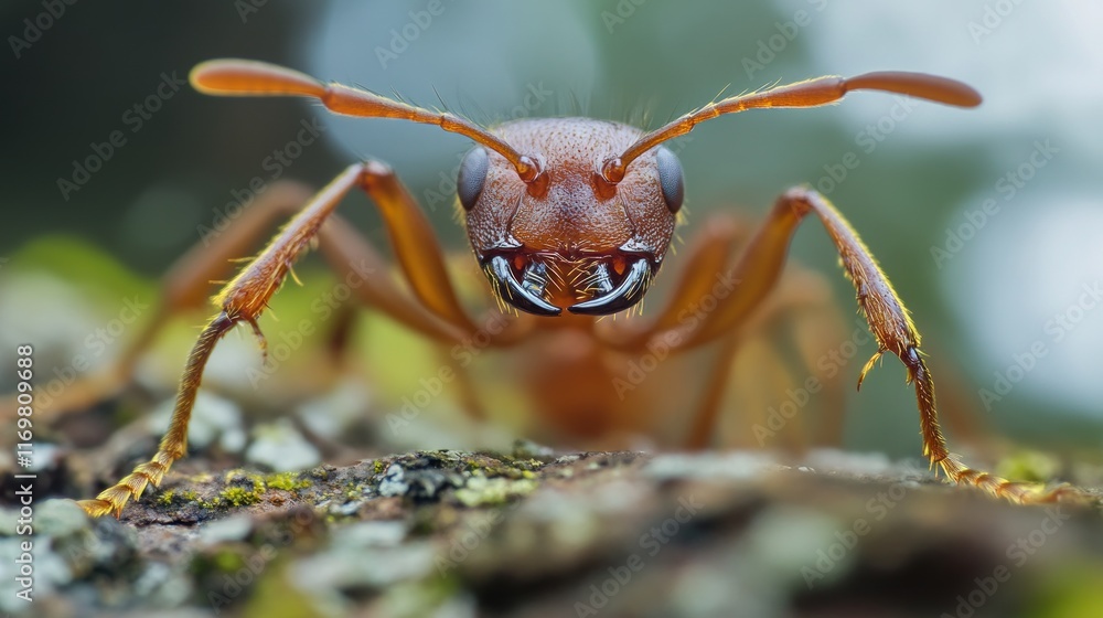 Close-up of a red ant on a tree branch. Close-up of a red ant on a tree branch.