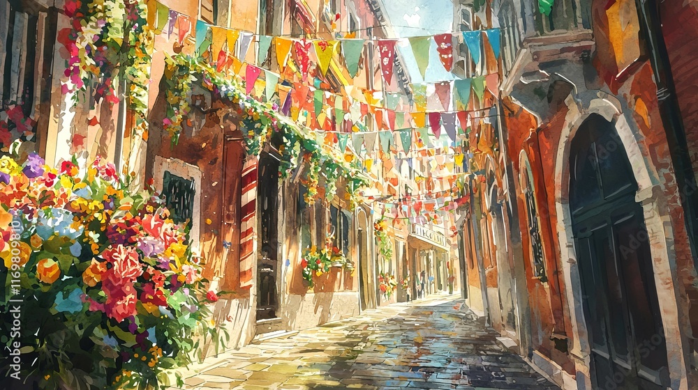 Fototapeta premium Watercolor Art of Sunlit Venetian Streets with Colorful Flags and Lush Flowers, Evoking Italian Charm, Artistic Exploration of European Architecture, and Vibrant City Life. Venetian Carnival