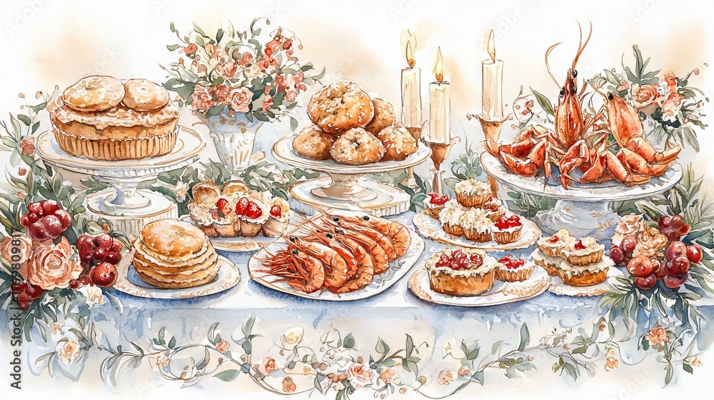 Naklejka premium Watercolor Illustration of Elegant Seafood and Pastries Banquet with Lobsters Cakes and Floral Arrangement Concept of Festive Dining Culinary Art and Gourmet Delights. Venetian Carnival