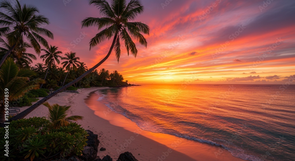 Fototapeta premium Tropical sunset over serene beach with vibrant sky and swaying palm trees