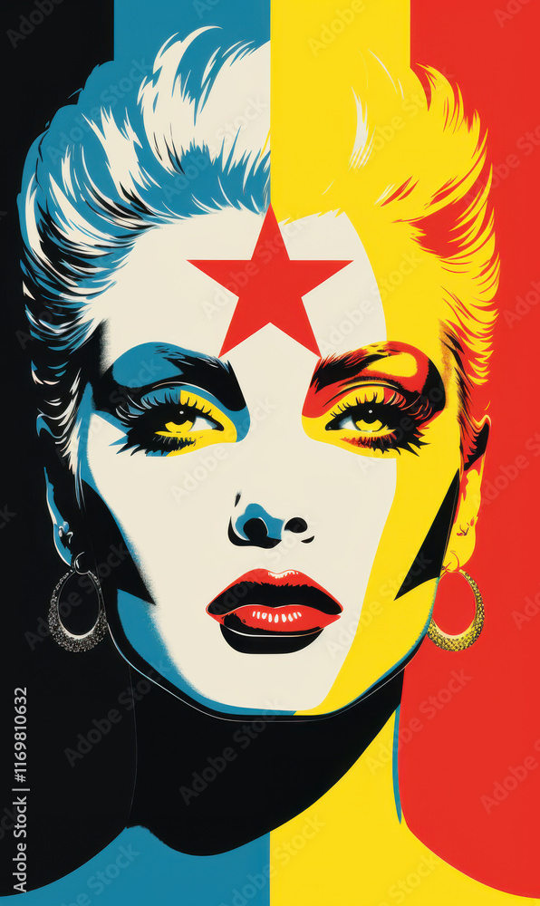 Retro Pop Art Woman, Stars, Sunglasses, Red Lips, Yellow, Blue Hair Retro Pop Art Woman, Stars, Sunglasses, Red Lips, Yellow, Blue Hair