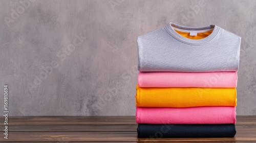 Display of colorful t-shirts concept, A neatly stacked arrangement of colorful sweaters on a wooden surface, showcasing various shades against a textured gray background.