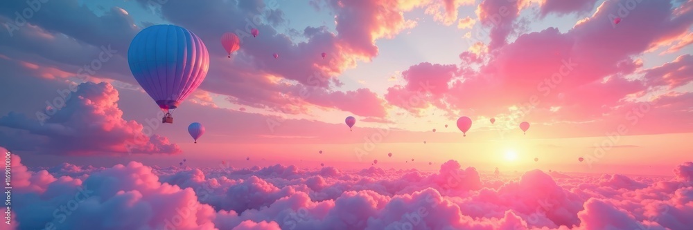 Fototapeta premium Sunrise panorama, vibrant pink & blue balloons ascending, floating, blue, bright