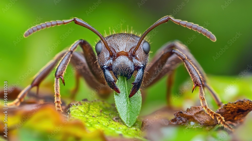 Close-up of a large brown ant carrying a green leaf. Close-up of a large brown ant carrying a green leaf.