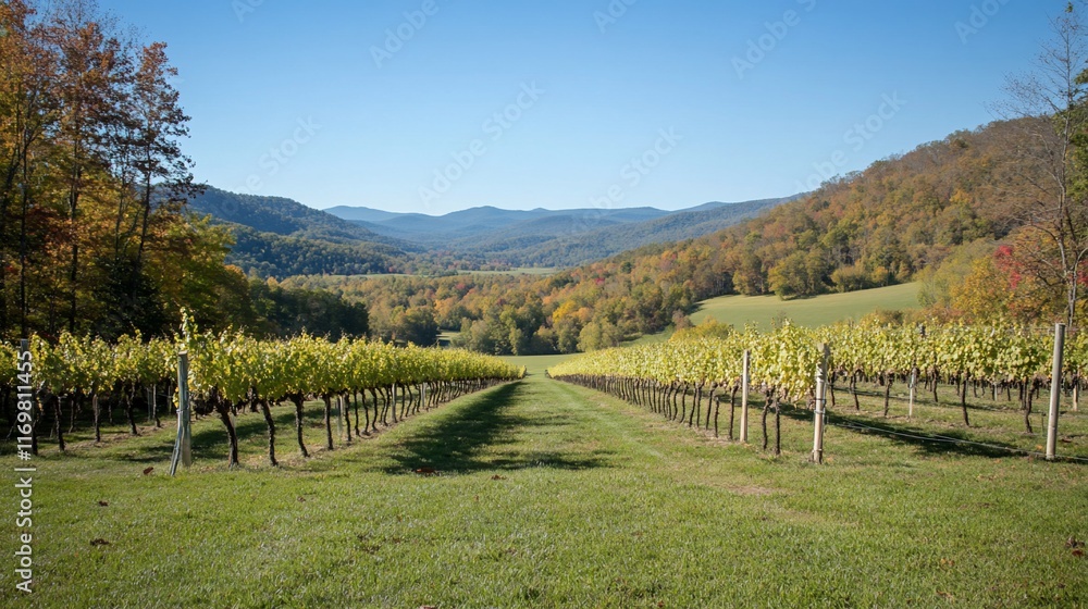 Vineyard rows leading to autumnal mountain vista. Vineyard rows leading to autumnal mountain vista.