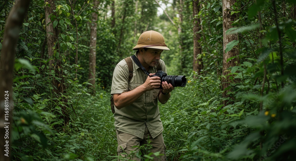 Nature explorer capturing wildlife in dense forest Nature explorer capturing wildlife in dense forest