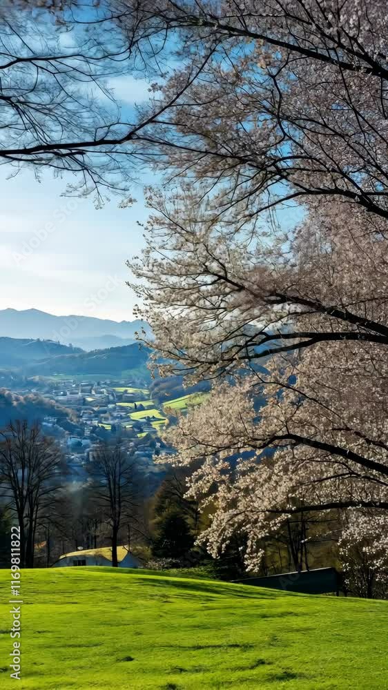 Scenic view of blooming trees and lush green hills in a peaceful valley during springtime Scenic view of blooming trees and lush green hills in a peaceful valley during springtime
