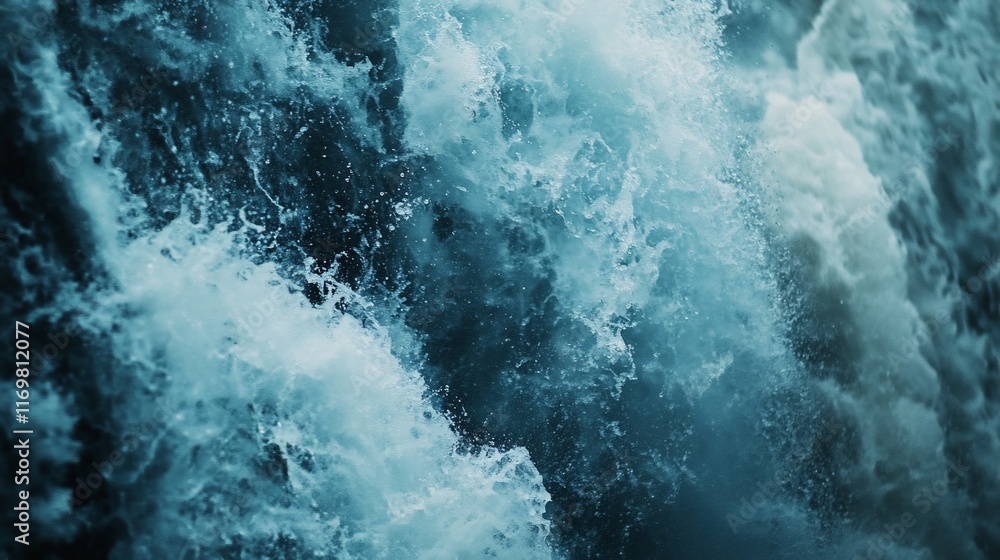 Close-up of turbulent, frothy ocean water with dark teal and white hues. Close-up of turbulent, frothy ocean water with dark teal and white hues.