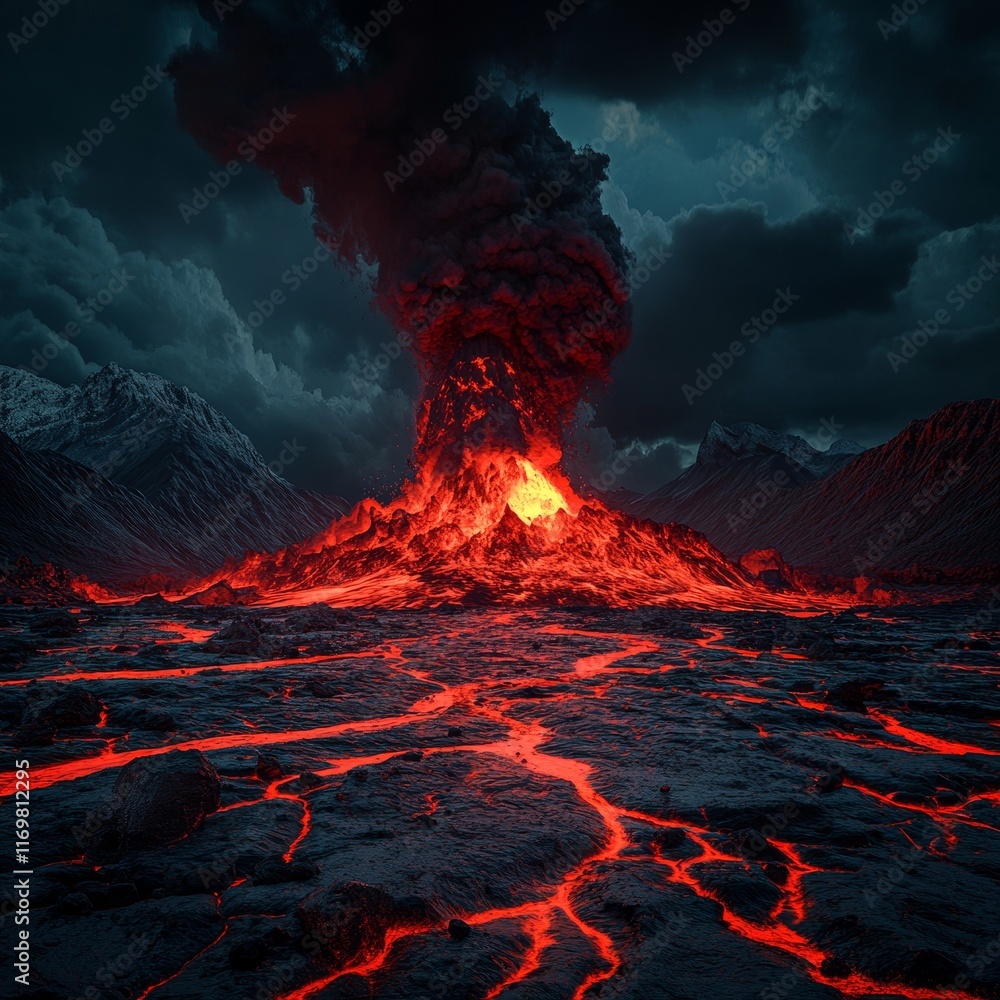 Erupting Volcano with Lava Flowing and Dramatic Dark Clouds Above Erupting Volcano with Lava Flowing and Dramatic Dark Clouds Above