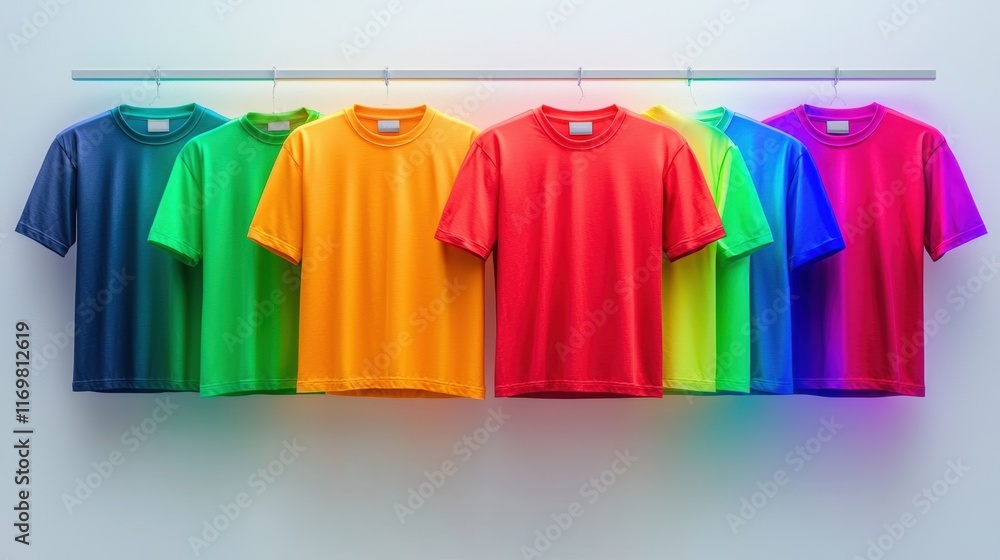Display of colorful t-shirts concept, A vibrant display of colorful T-shirts hanging on a rack, showcasing a spectrum of colors from blue to red, perfect for casual wear. Display of colorful t-shirts concept, A vibrant display of colorful T-shirts hanging on a rack, showcasing a spectrum of colors from blue to red, perfect for casual wear.