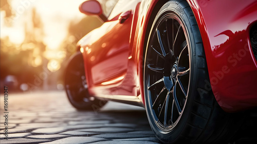 Modern Car Wheel Red Sporty Car Alloy Wheel and Performance Tire Closeup Photo photo