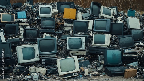 A large pile of discarded CRT monitors and other obsolete electronics in a landfill. photo