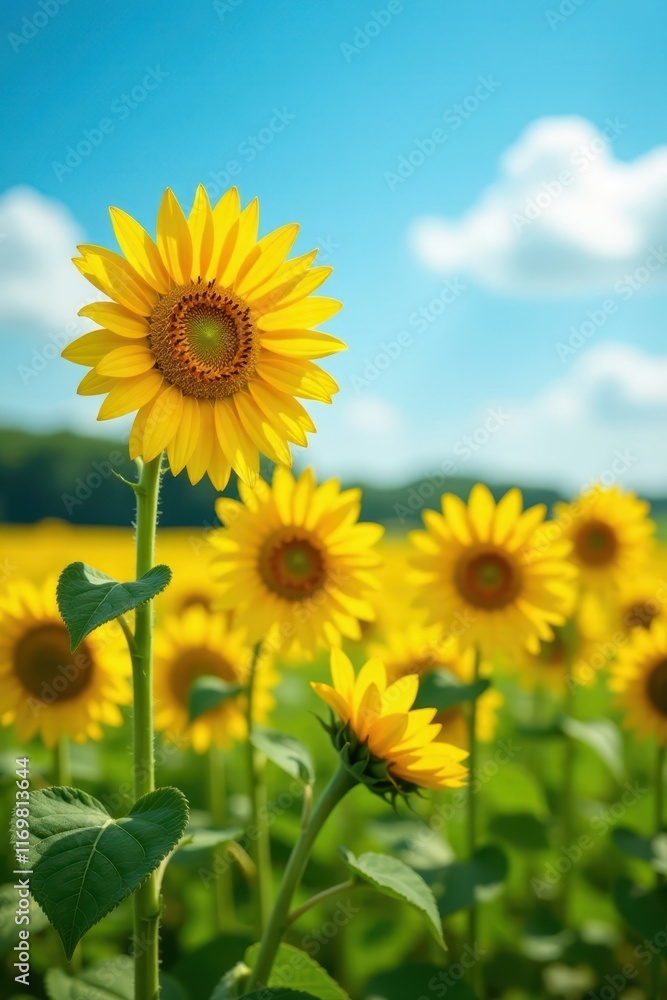 Tall sunflowers with bright yellow petals and dark centers stand upright in a field on a sunny day , blooming, outdoors Tall sunflowers with bright yellow petals and dark centers stand upright in a field on a sunny day , blooming, outdoors