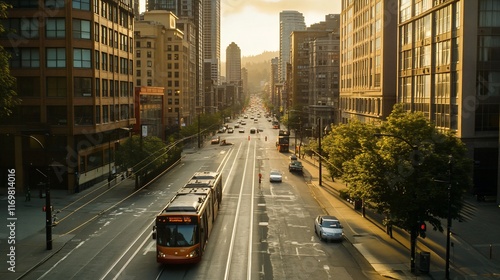 City street scene at sunrise with streetcar, cars, and high-rise buildings.
