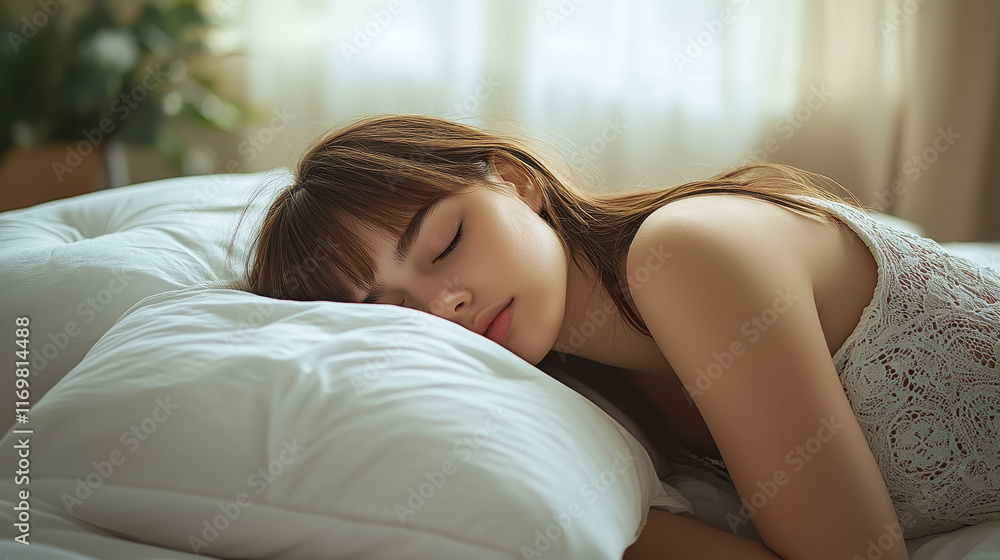 Beautiful young woman sleeping on a white pillow in her bed at home, a comfortable and relaxing sleep concept Beautiful young woman sleeping on a white pillow in her bed at home, a comfortable and relaxing sleep concept