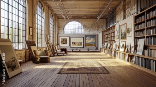 A luxurious museum or a wealthy contemporary house showcases an empty vintage hall with a wooden floor and paintings on the walls, reflecting the themes of art, gallery, room, mansion, and home photo