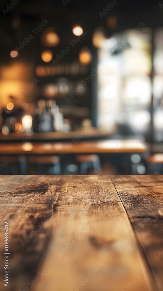 Rustic Wooden Tabletop in Blurred Cafe Interior Rustic Wooden Tabletop in Blurred Cafe Interior