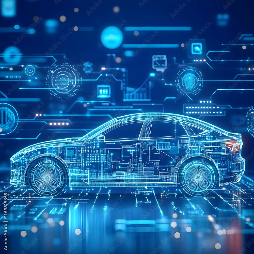 A futuristic car with an integrated circuit design surrounded by blue digital lines and symbols representing advanced technology in the automotive industry The back A futuristic car with an integrated circuit design surrounded by blue digital lines and symbols representing advanced technology in the automotive industry The back