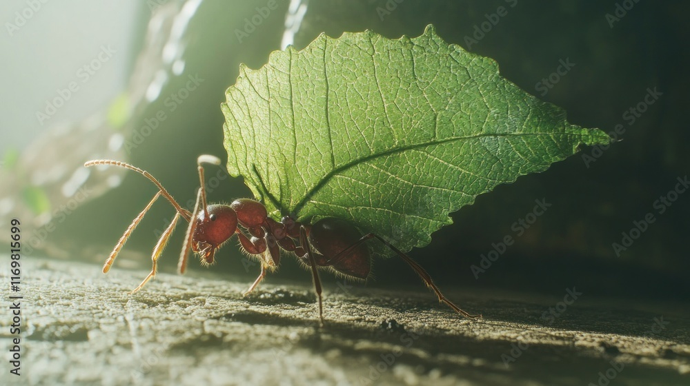 A red ant carries a large green leaf, showcasing strength and nature's cooperation. A red ant carries a large green leaf, showcasing strength and nature's cooperation.