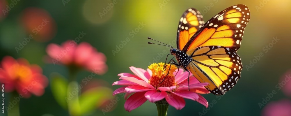 Obraz premium Butterflies sipping nectar from a vibrant flower cluster, insects, colors