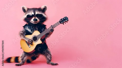 raccoon wearing sunglasses and a leather jacket, strumming an acoustic guitar