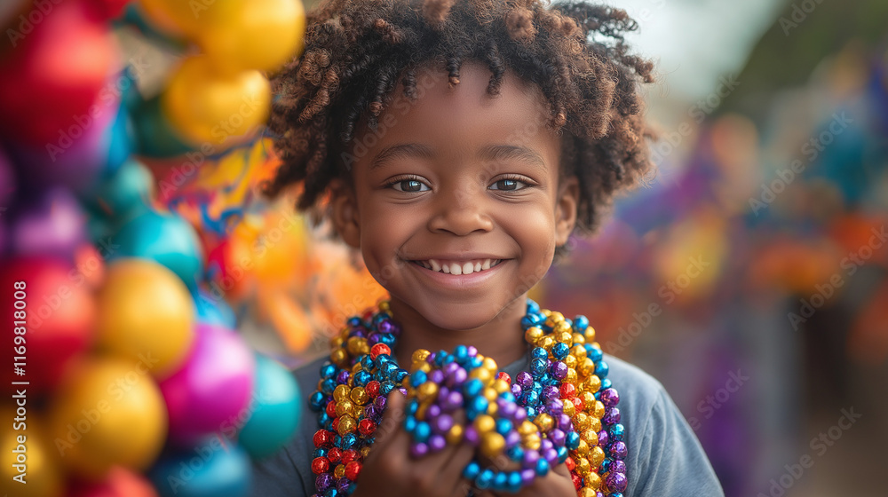 A child holding a handful of Mardi Gras beads with a big smile, surrounded by colorful decorations, outdoor setting with joyful, sunny vibes