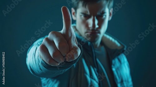 Male figure commanding attention, assertively pointing finger to emphasize directive or instruction.