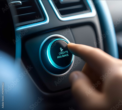 4 Closeup of a finger pushing a startstop button on a car with CREDITS and ASSURANCE ans SOCREDO written in neon light green font on the black circular switch of a photo