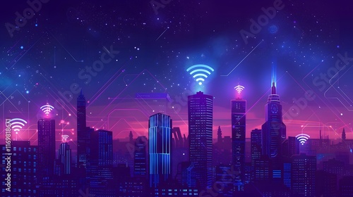 The concept of IoT and Smart Cities illustrated through wireless networking and WiFi icons #1169818671