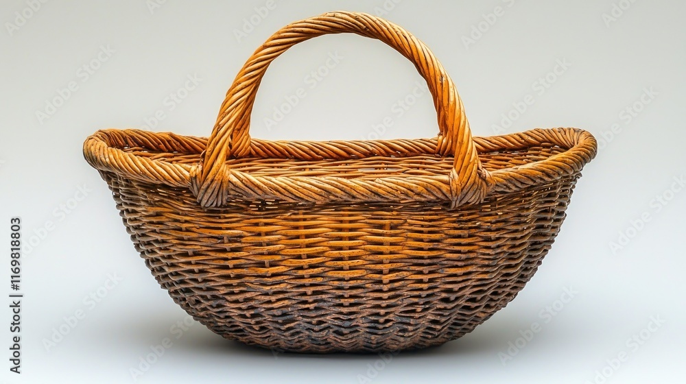 Fototapeta premium A rustic, handcrafted wicker basket with a curved shape and a sturdy handle, isolated on a white background.
