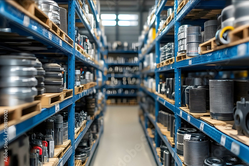 front view of a car dealership warehouse shelf full of organised car parts ranging from oil filters to spark plugs and hoses light blue accents