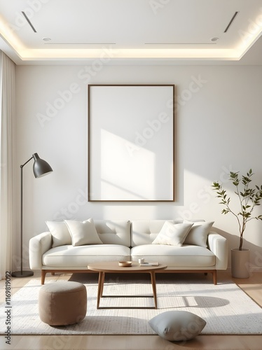 Wallpaper Mural minimalist living room interior, 3d render, modern furniture, frame mockup on wall, neutral tones, cozy ambiance, stylish design, clean lines, contemporary decor, realistic lighting Torontodigital.ca