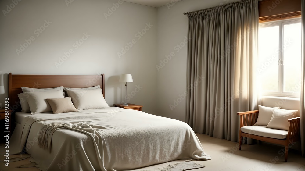 Obraz premium Minimalist Bedroom Design, Cozy Bed and Chair by Window,