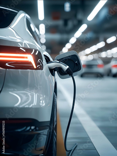 Close up of a white Hybrid car electric charger station with power supply plugged into an electric car being charged in indoor carpark