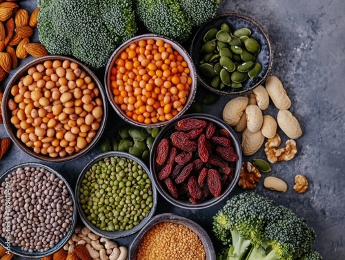 Variety of healthy nuts, seeds and dried vegetables on a dark surface.
