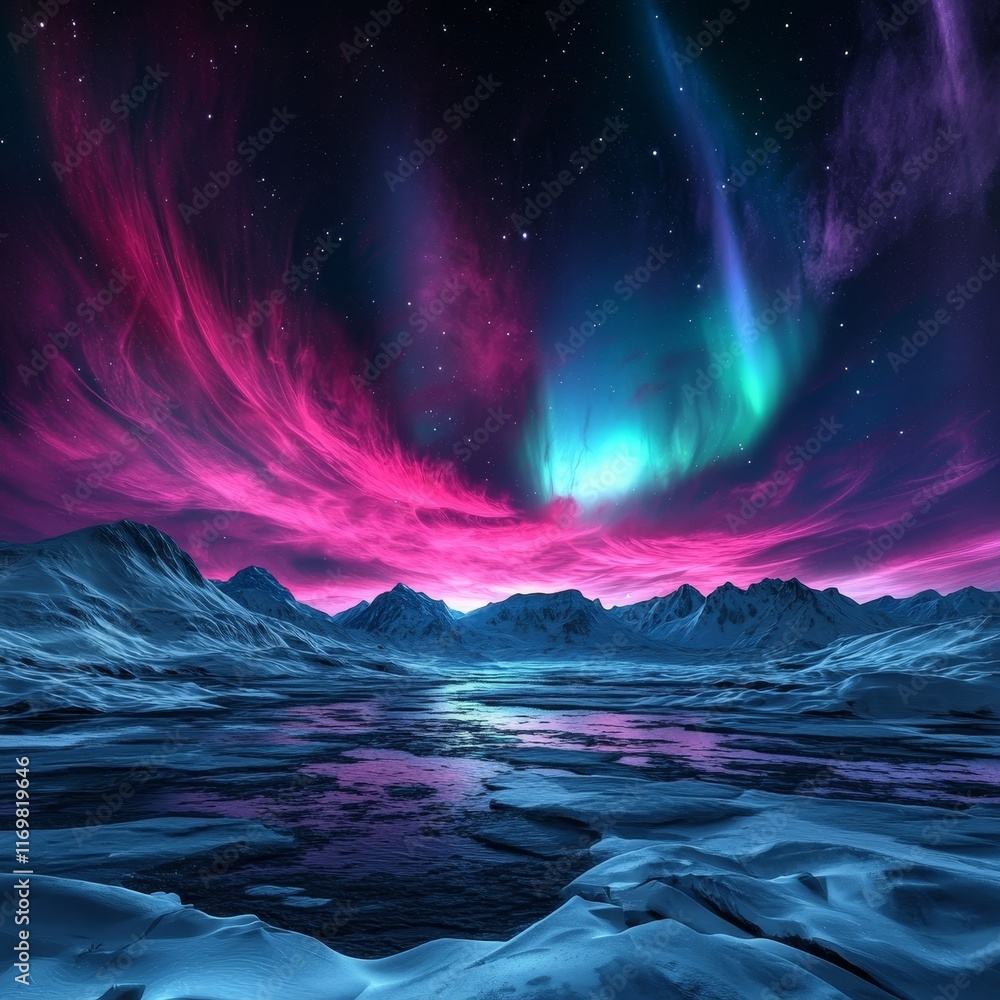 Fototapeta premium Colorful Northern Lights Over Icy Landscape Under Starry Sky