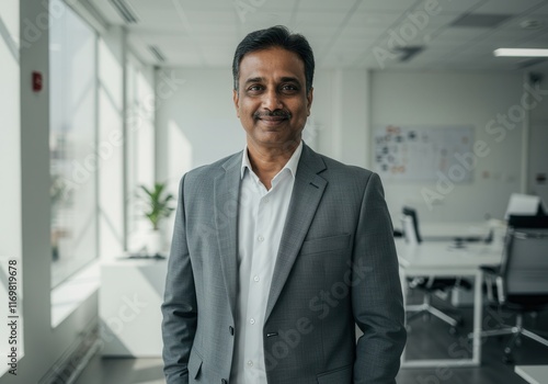 Confident businessman in modern office setting with bright natural light photo