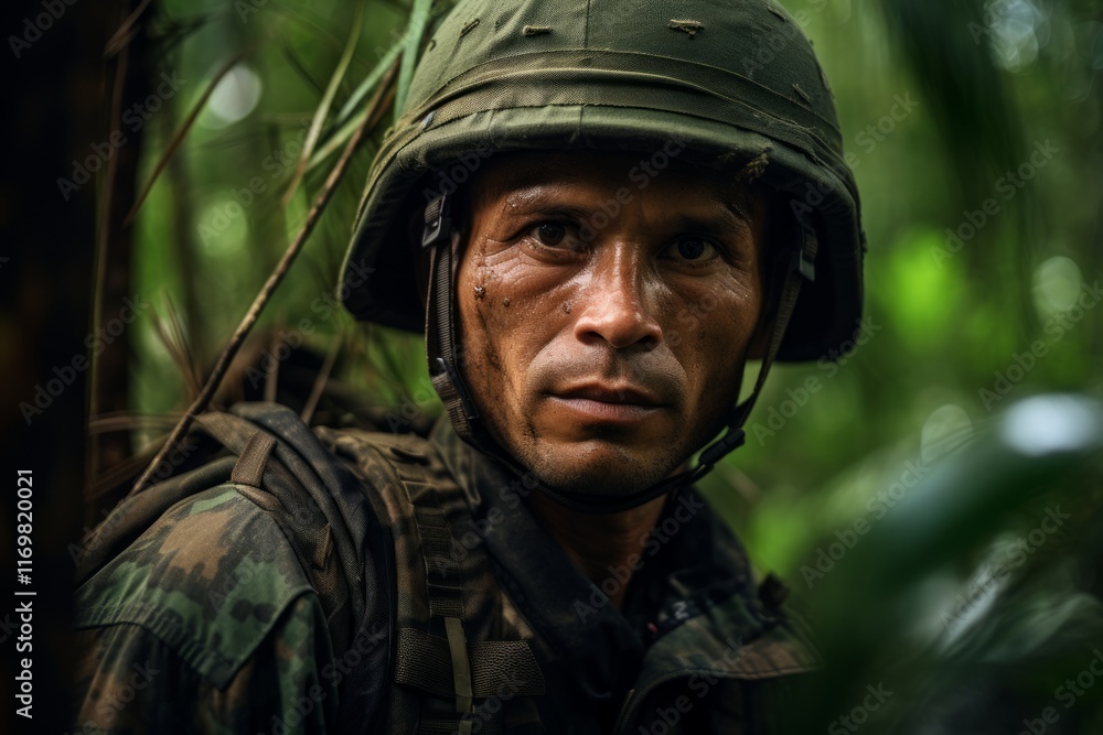 Portrait of a soldier in the jungle. Selective focus. Portrait of a soldier in the jungle. Selective focus.
