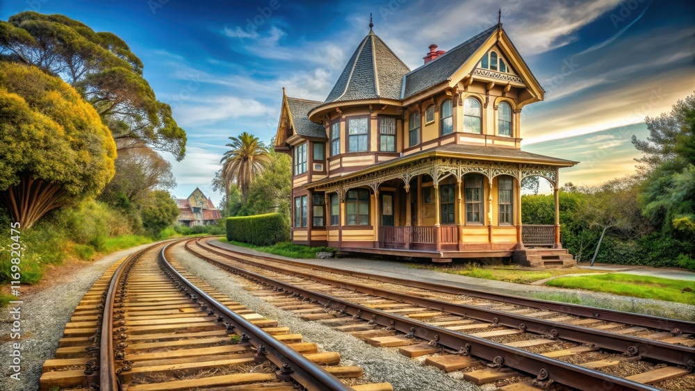 Obraz premium Old Victorian house on a wooden tramway or trolley track, scenery, train, scenery, train, old, antique