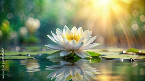 A delicate water lily flower with its white petals and green stem emerging from a serene floral background, art, nature,  art
