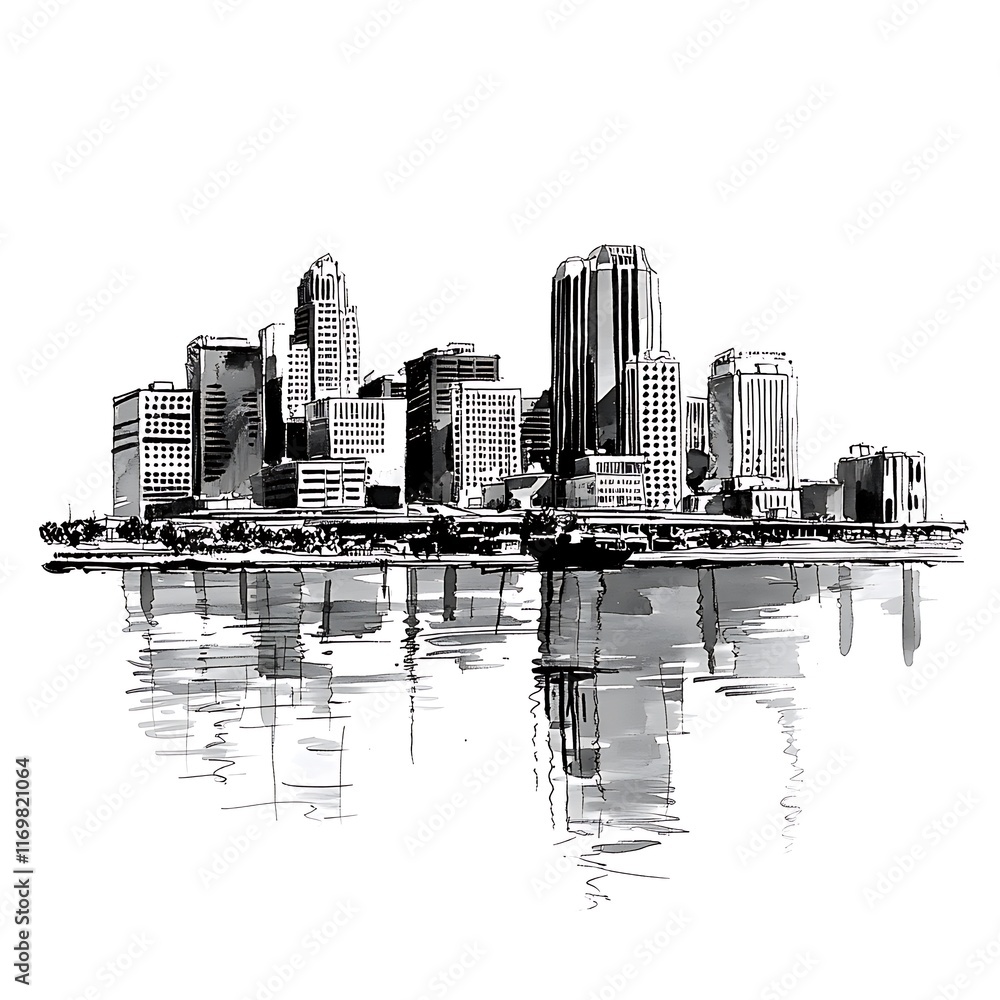 Fototapeta premium Monochromatic Ink Sketch of a City Skyline Reflected in Water.