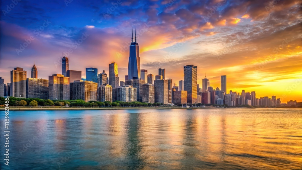 Obraz premium Chicago cityscape with lakefront skyline at sunset, Chicago skyline, cityscape, Chicago skyline