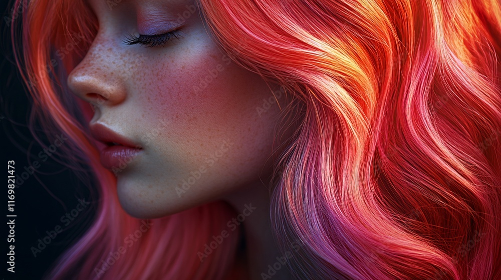 Close-up profile of a girl with vibrant, wavy, red and pink hair. Close-up profile of a girl with vibrant, wavy, red and pink hair.