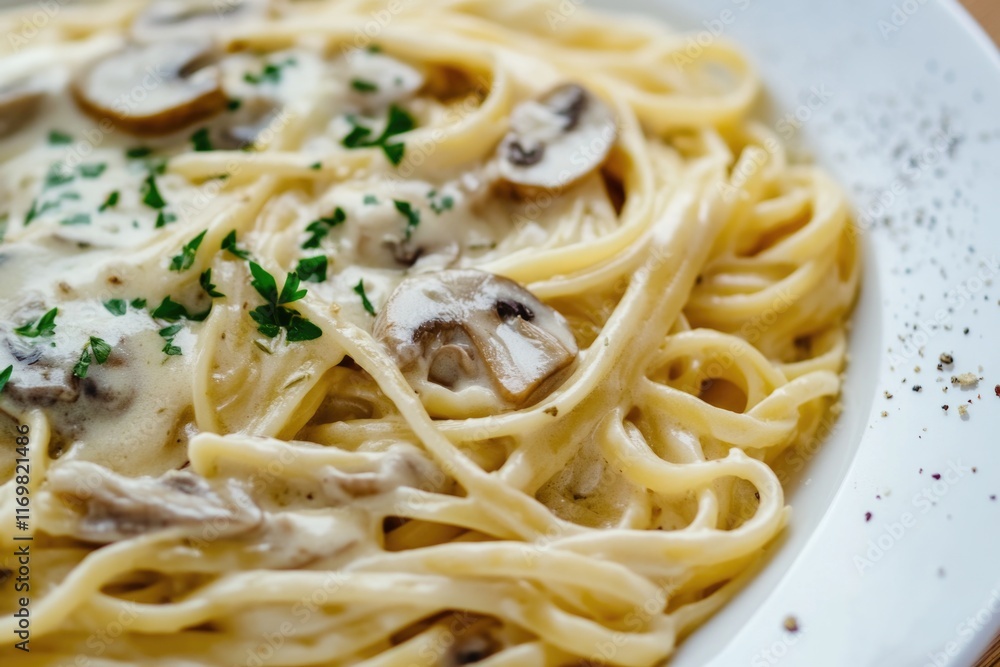 A tasty dish featuring creamy spaghetti with mushrooms and a generous helping of cheese. A tasty dish featuring creamy spaghetti with mushrooms and a generous helping of cheese.