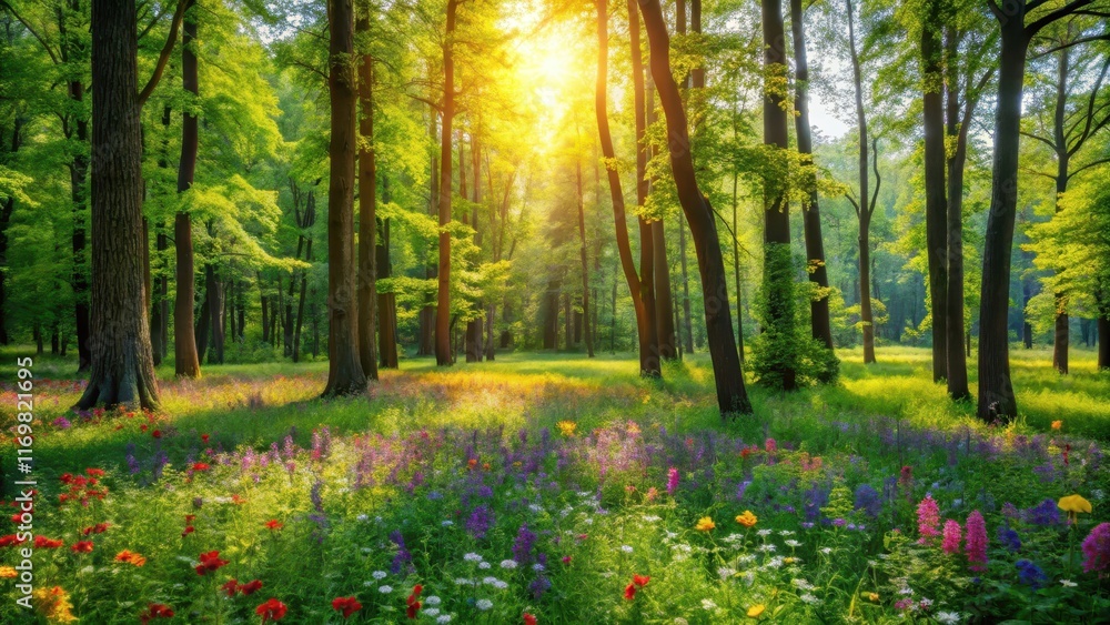 Obraz premium Lush green forest with tall trees and colorful wildflowers swaying in the gentle summer breeze, landscape, forest, landscape