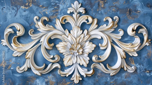 eautiful ornamental design featuring an intricate white and gold floral motif set against a textured blue background. The elegant detailing and rich color palette make it perfect for luxury, photo