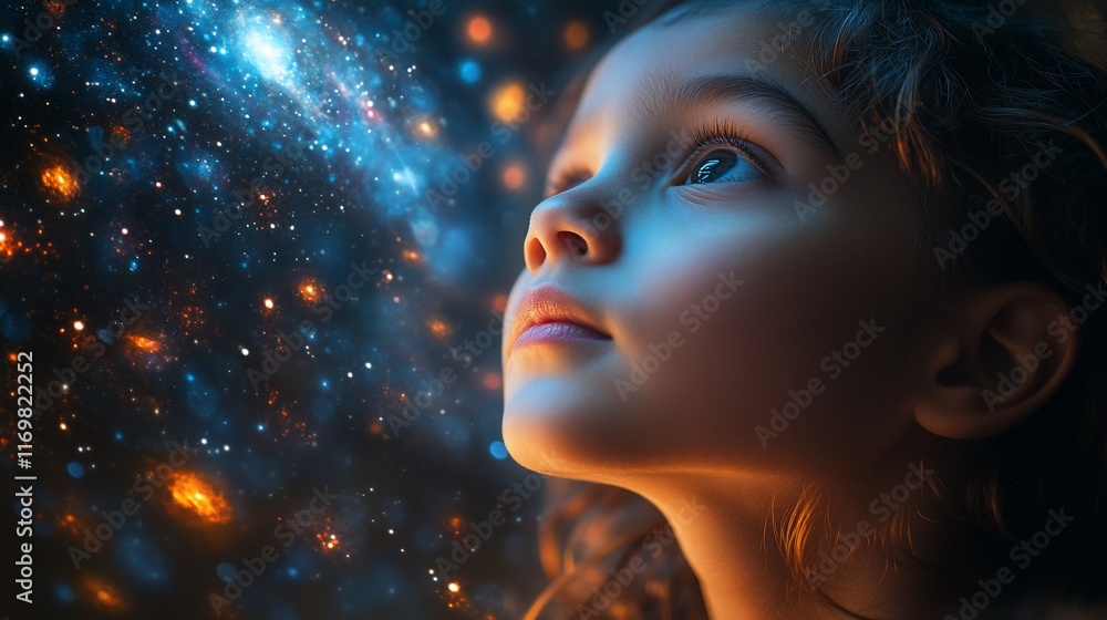 Young Girl Gazing Wonderfully At A Cosmic Nebula Young Girl Gazing Wonderfully At A Cosmic Nebula